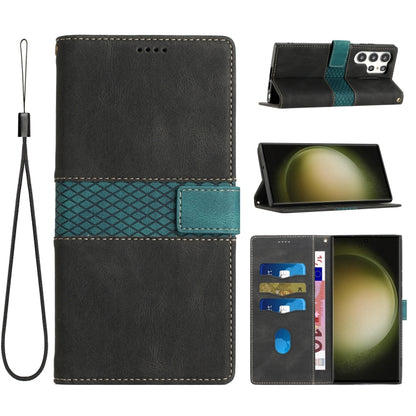 For Samsung Galaxy S25 Ultra 5G Grid Stitching Leather Phone Case with Lanyard(Black) by buy2fix