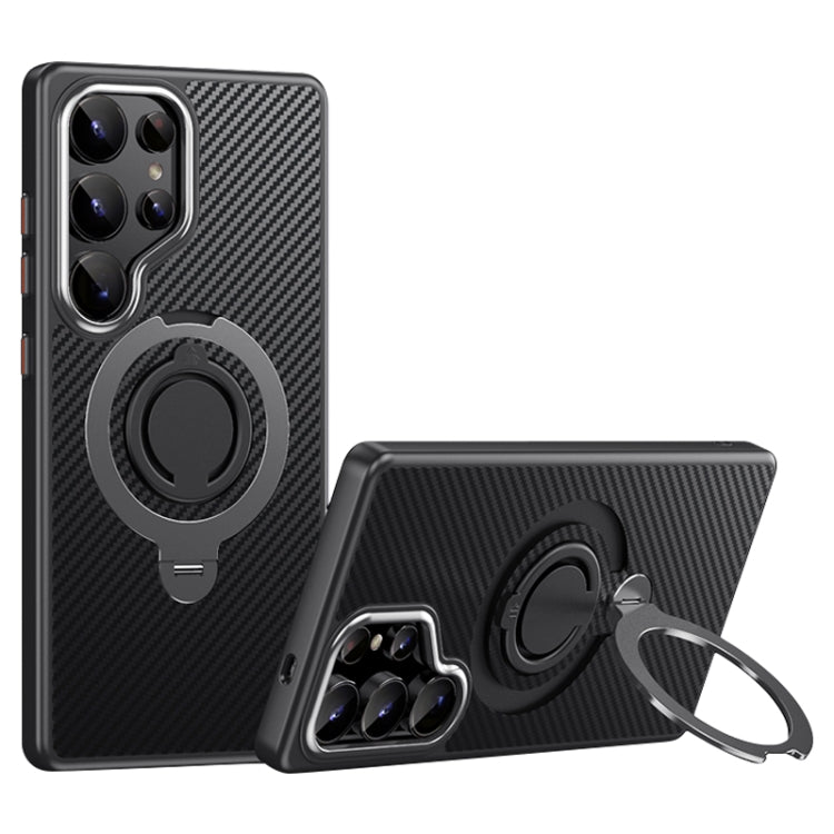 For Samsung Galaxy S25 Ultra 5G Carbon Fiber MagSafe Phone Case with 360 Degree Rotating Holder(Black Grey) by buy2fix