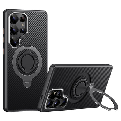 For Samsung Galaxy S25 Ultra 5G Carbon Fiber MagSafe Phone Case with 360 Degree Rotating Holder(Black Grey) by buy2fix