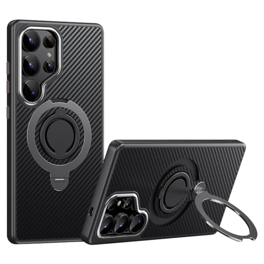For Samsung Galaxy S25 Ultra 5G Carbon Fiber MagSafe Phone Case with 360 Degree Rotating Holder(Black Grey) by buy2fix