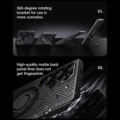 For Samsung Galaxy S25 Ultra 5G Carbon Fiber MagSafe Phone Case with 360 Degree Rotating Holder(Black Grey) by buy2fix