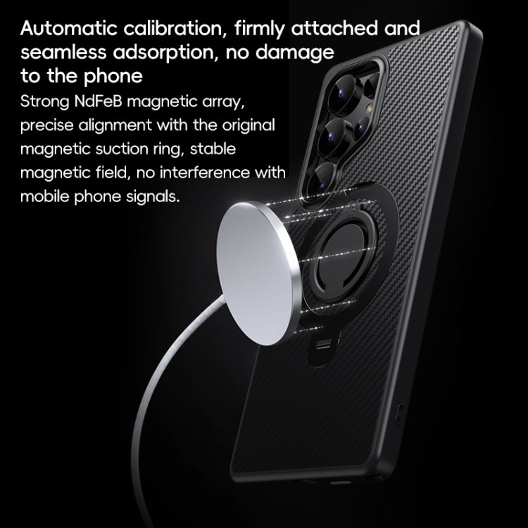 For Samsung Galaxy S25 Ultra 5G Carbon Fiber MagSafe Phone Case with 360 Degree Rotating Holder(Black Grey) by buy2fix