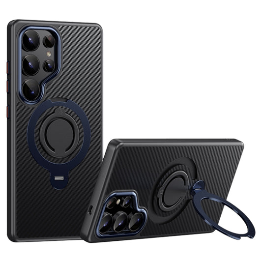 For Samsung Galaxy S25 Ultra 5G Carbon Fiber MagSafe Phone Case with 360 Degree Rotating Holder(Black Blue) by buy2fix