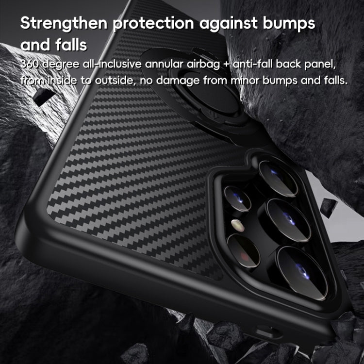 For Samsung Galaxy S25 Ultra 5G Carbon Fiber MagSafe Phone Case with 360 Degree Rotating Holder(Black) by buy2fix