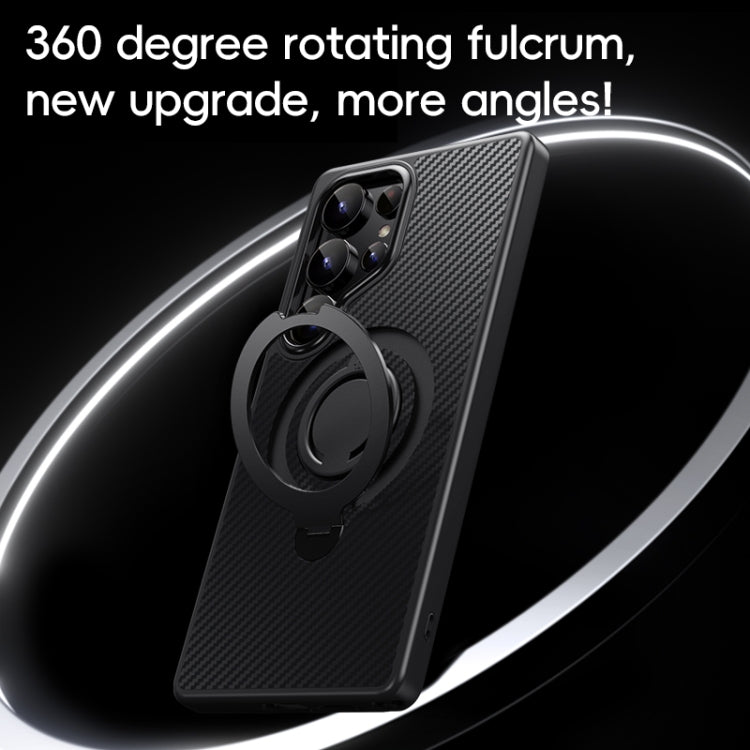 For Samsung Galaxy S25 Ultra 5G Carbon Fiber MagSafe Phone Case with 360 Degree Rotating Holder(Black) by buy2fix