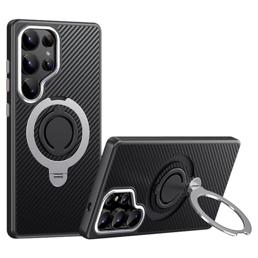 For Samsung Galaxy S25 Ultra 5G Carbon Fiber MagSafe Phone Case with 360 Degree Rotating Holder(Black Silver) by buy2fix