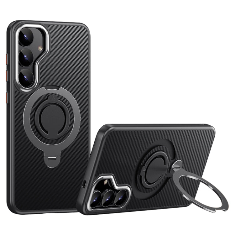 For Samsung Galaxy S25+ 5G Carbon Fiber MagSafe Phone Case with 360 Degree Rotating Holder(Black Grey) by buy2fix
