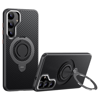 For Samsung Galaxy S25+ 5G Carbon Fiber MagSafe Phone Case with 360 Degree Rotating Holder(Black Grey) by buy2fix