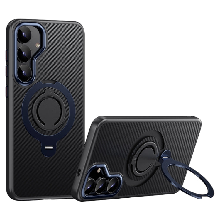 For Samsung Galaxy S25+ 5G Carbon Fiber MagSafe Phone Case with 360 Degree Rotating Holder(Black Blue) by buy2fix