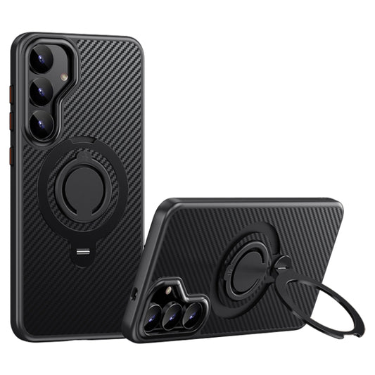 For Samsung Galaxy S25+ 5G Carbon Fiber MagSafe Phone Case with 360 Degree Rotating Holder(Black) by buy2fix