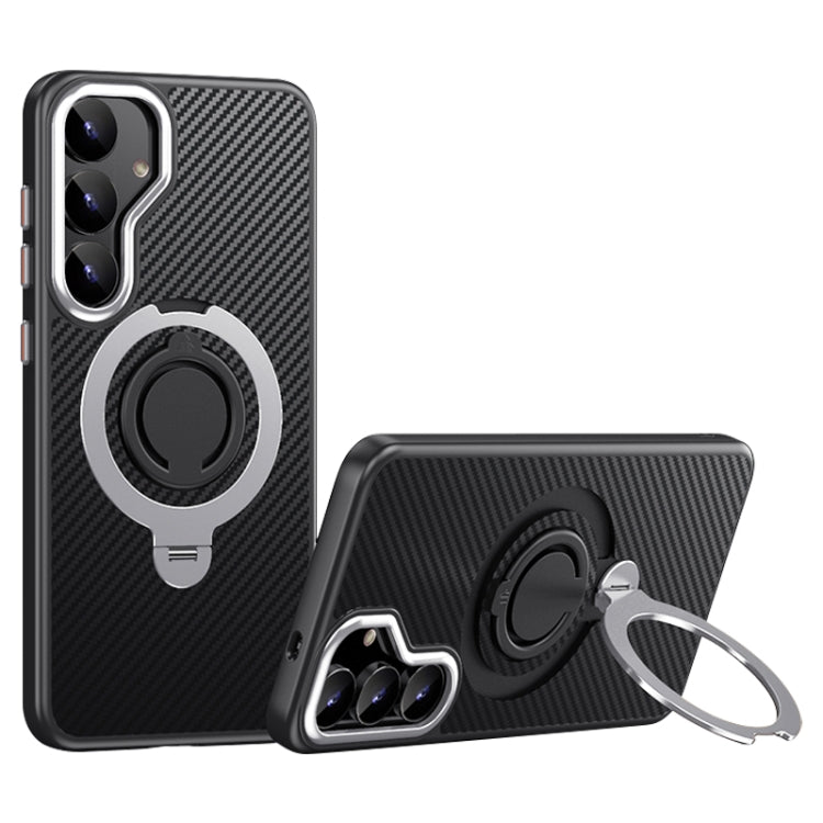For Samsung Galaxy S25+ 5G Carbon Fiber MagSafe Phone Case with 360 Degree Rotating Holder(Black Silver) by buy2fix
