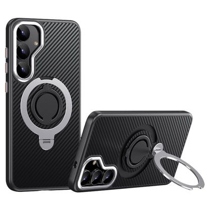 For Samsung Galaxy S25+ 5G Carbon Fiber MagSafe Phone Case with 360 Degree Rotating Holder(Black Silver) by buy2fix