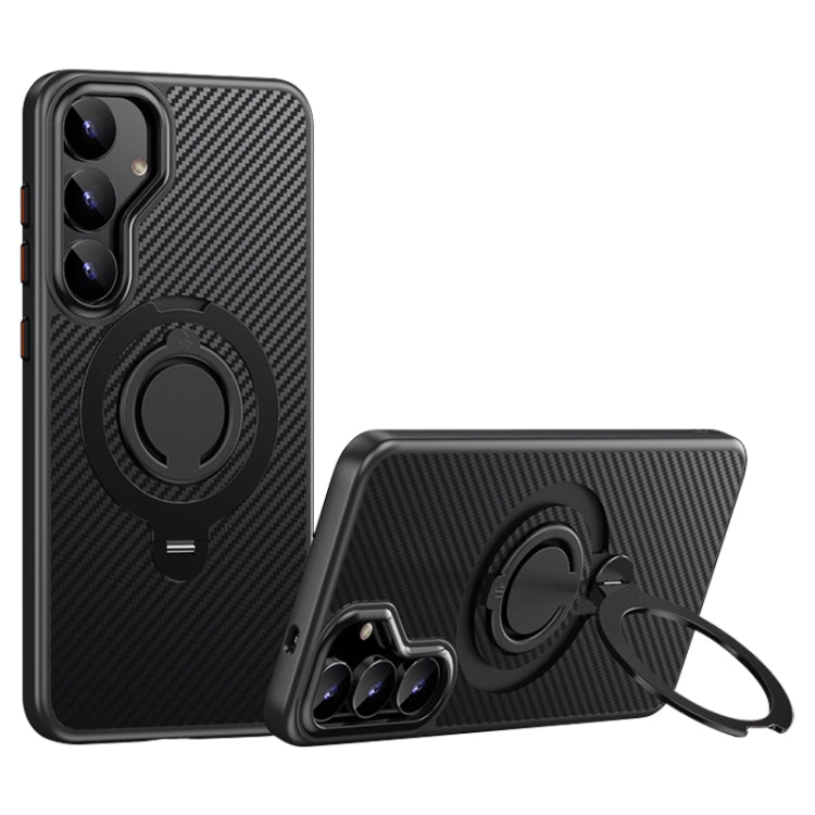 For Samsung Galaxy S25 5G Carbon Fiber MagSafe Phone Case with 360 Degree Rotating Holder(Black) by buy2fix