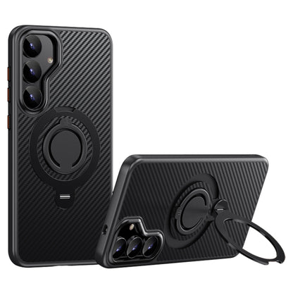 For Samsung Galaxy S25 5G Carbon Fiber MagSafe Phone Case with 360 Degree Rotating Holder(Black) by buy2fix