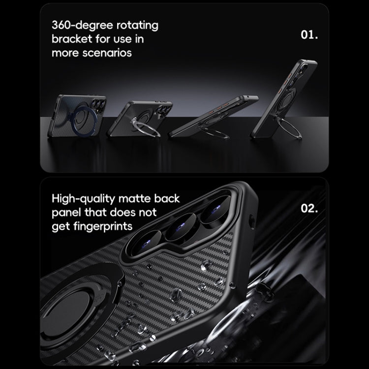 For Samsung Galaxy S25 5G Carbon Fiber MagSafe Phone Case with 360 Degree Rotating Holder(Black Silver) by buy2fix