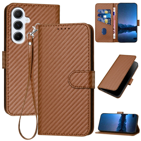For Samsung Galaxy A56 5G YX0070 Carbon Fiber Buckle Leather Phone Case with Lanyard(Coffee)