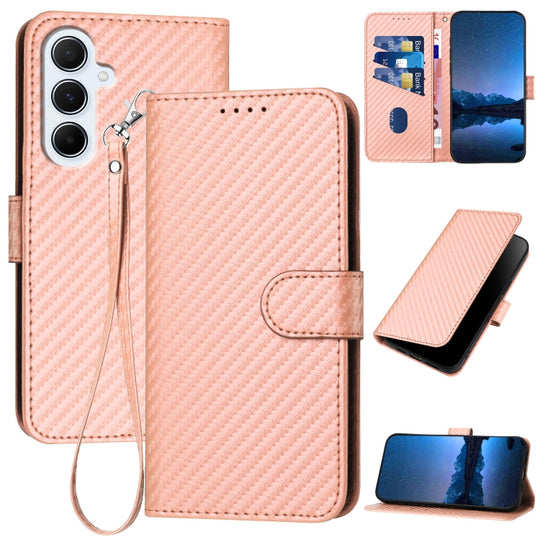 For Samsung Galaxy A56 5G YX0070 Carbon Fiber Buckle Leather Phone Case with Lanyard(Pink)