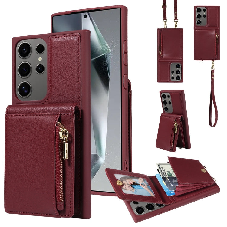 For Samsung Galaxy S25 Ultra 5G Crossbody Lanyard Zipper Wallet Leather Phone Case(Wine Red) by buy2fix