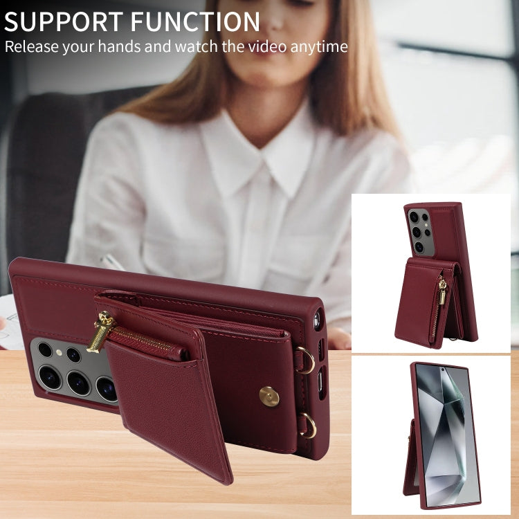 For Samsung Galaxy S25 Ultra 5G Crossbody Lanyard Zipper Wallet Leather Phone Case(Wine Red) by buy2fix