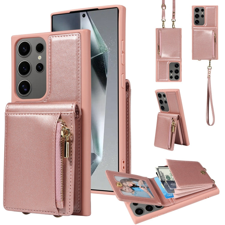 For Samsung Galaxy S25 Ultra 5G Crossbody Lanyard Zipper Wallet Leather Phone Case(Rose Gold) by buy2fix