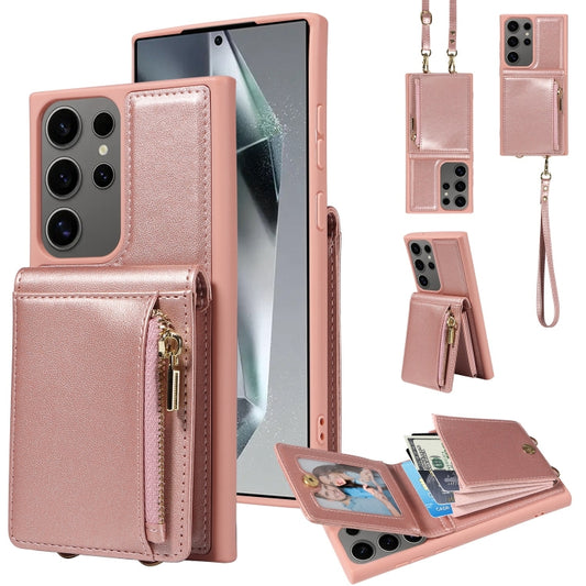 For Samsung Galaxy S25 Ultra 5G Crossbody Lanyard Zipper Wallet Leather Phone Case(Rose Gold) by buy2fix