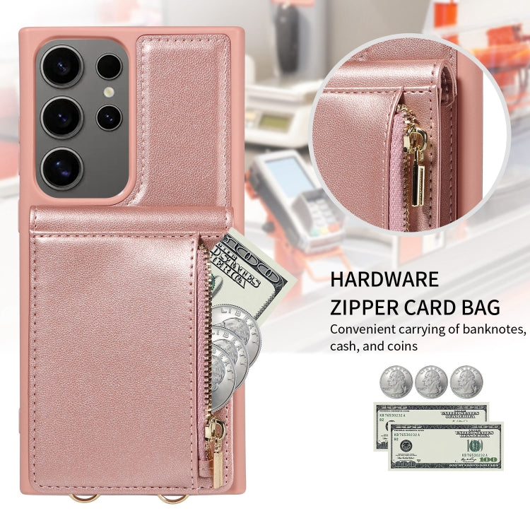 For Samsung Galaxy S25 Ultra 5G Crossbody Lanyard Zipper Wallet Leather Phone Case(Rose Gold) by buy2fix
