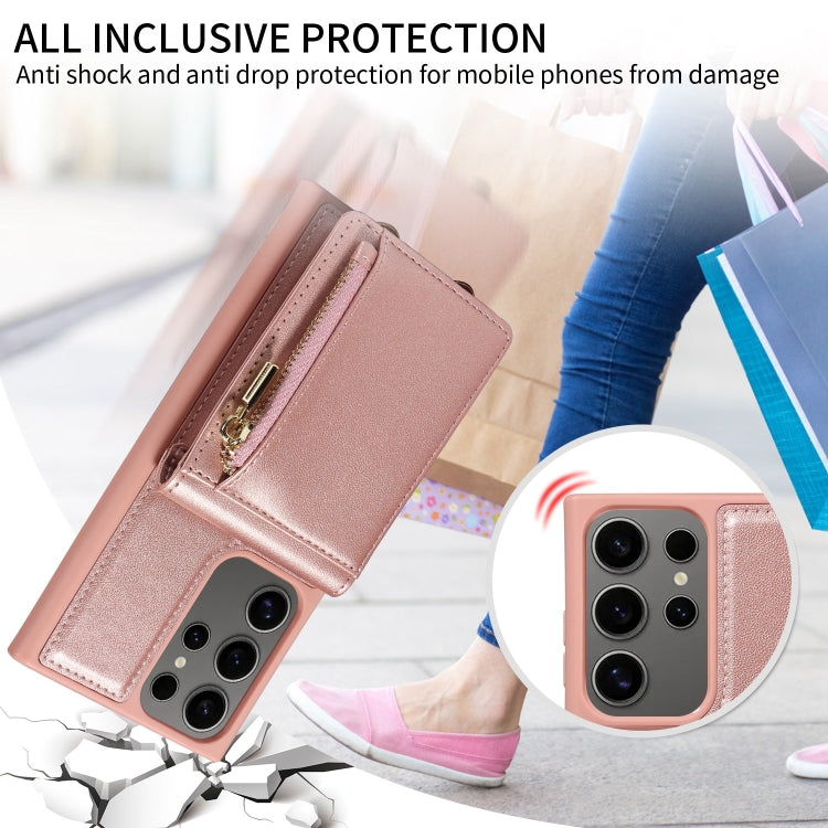 For Samsung Galaxy S25 Ultra 5G Crossbody Lanyard Zipper Wallet Leather Phone Case(Rose Gold) by buy2fix