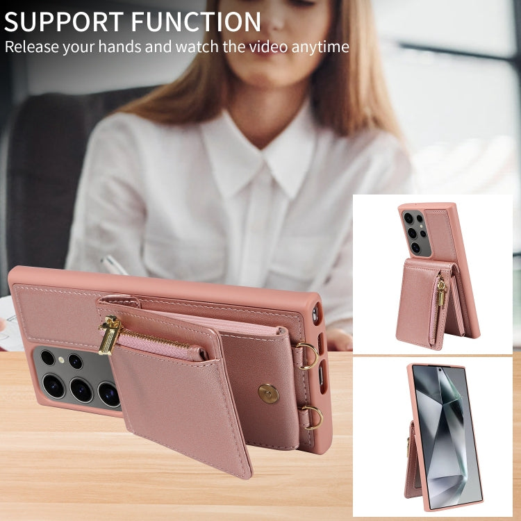 For Samsung Galaxy S25 Ultra 5G Crossbody Lanyard Zipper Wallet Leather Phone Case(Rose Gold) by buy2fix