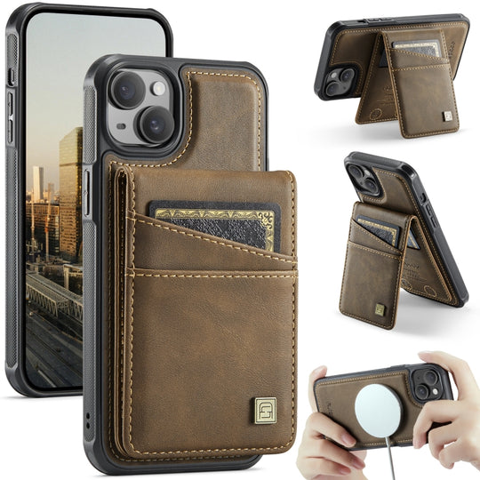 For iPhone 15 Plus AutSpace A12 MagSafe Magnetic RFID Card Bag Phone Case(Coffee)