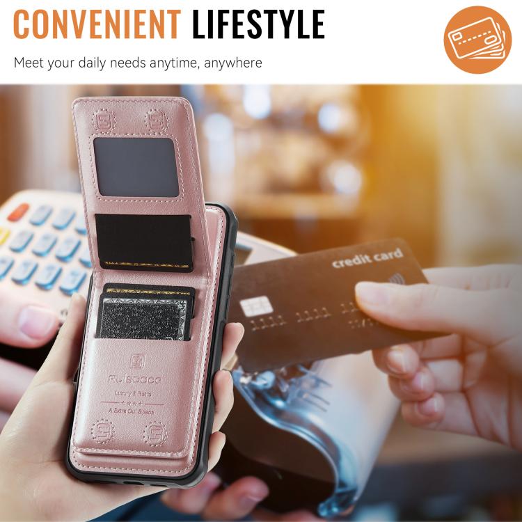 For iPhone 16 Plus AutSpace A12 MagSafe Magnetic RFID Card Bag Phone Case(Rose Gold) - iPhone 16 Plus Cases by AutSpace | Online Shopping UK | buy2fix