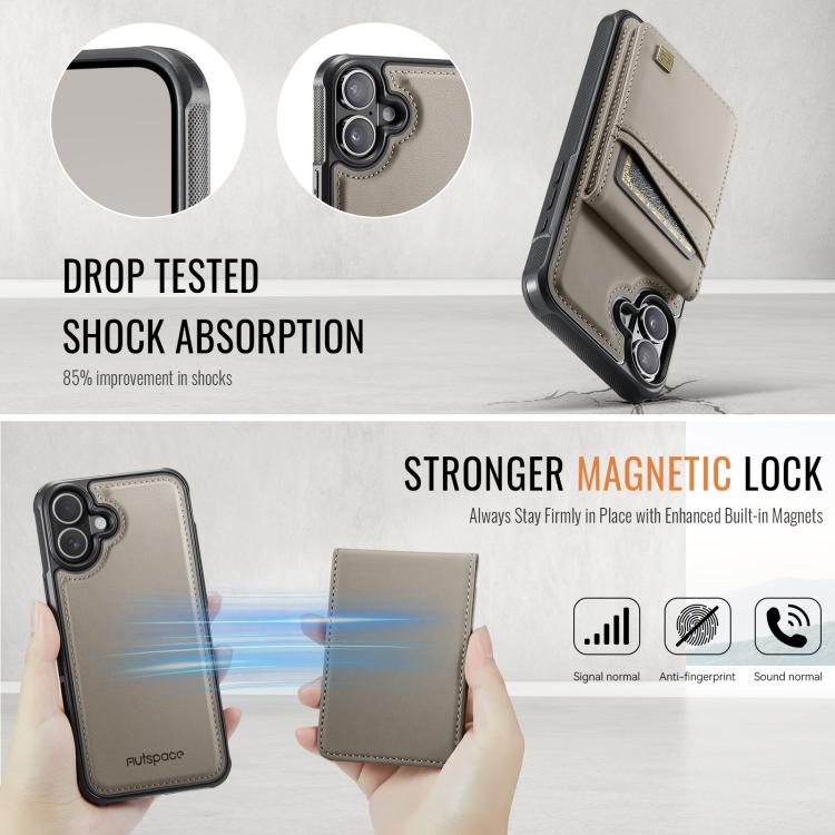 For iPhone 16 AutSpace A12 MagSafe Magnetic RFID Card Bag Phone Case(Khaki) - iPhone 16 Cases by AutSpace | Online Shopping UK | buy2fix