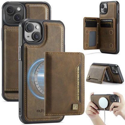For iPhone 14 Plus AutSpace A13 MagSafe Magnetic RFID Flip Card Bag Phone Case(Coffee) - iPhone 14 Plus Cases by AutSpace | Online Shopping UK | buy2fix