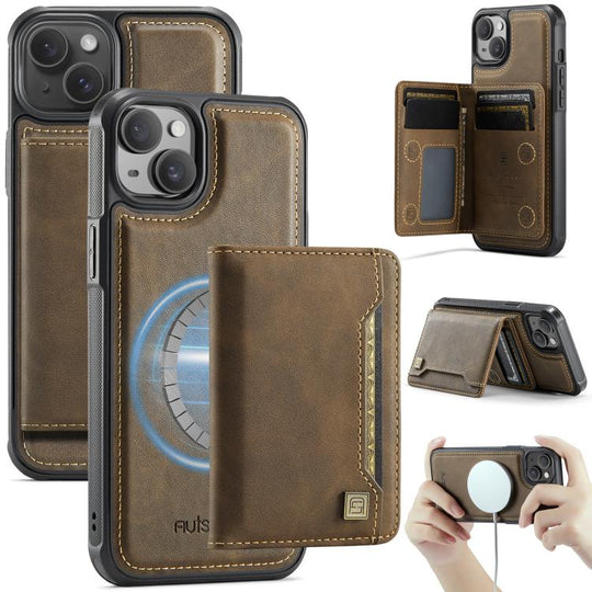 For iPhone 14 Plus AutSpace A13 MagSafe Magnetic RFID Flip Card Bag Phone Case(Coffee)