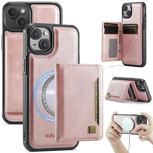 For iPhone 14 Plus AutSpace A13 MagSafe Magnetic RFID Flip Card Bag Phone Case(Rose Gold) - iPhone 14 Plus Cases by AutSpace | Online Shopping UK | buy2fix