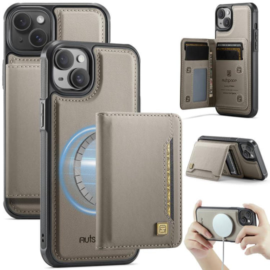 For iPhone 14 AutSpace A13 MagSafe Magnetic RFID Flip Card Bag Phone Case(Grey)