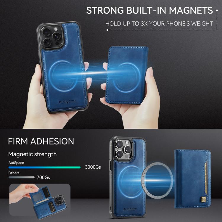 For iPhone 14 Pro AutSpace A13 MagSafe Magnetic RFID Flip Card Bag Phone Case(Blue) - iPhone 14 Pro Cases by AutSpace | Online Shopping UK | buy2fix