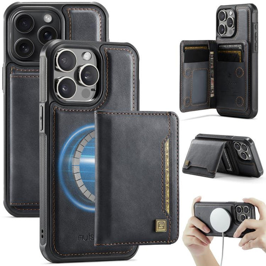 For iPhone 13 Pro AutSpace A13 MagSafe Magnetic RFID Flip Card Bag Phone Case(Black)