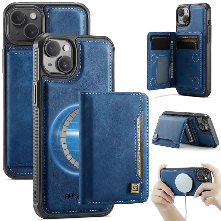 For iPhone 13 AutSpace A13 MagSafe Magnetic RFID Flip Card Bag Phone Case(Blue) - iPhone 13 Cases by AutSpace | Online Shopping UK | buy2fix
