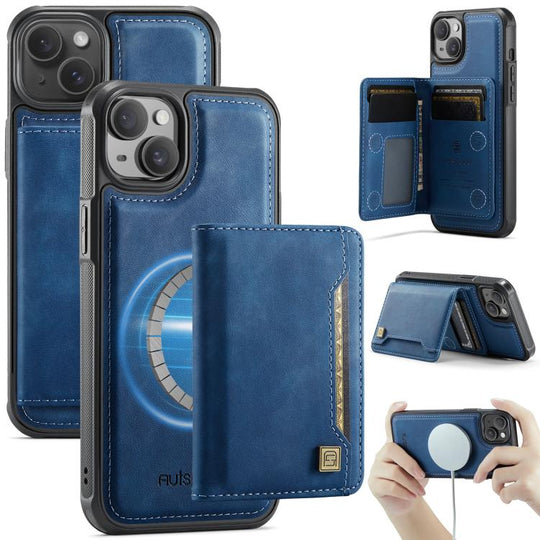 For iPhone 13 AutSpace A13 MagSafe Magnetic RFID Flip Card Bag Phone Case(Blue)