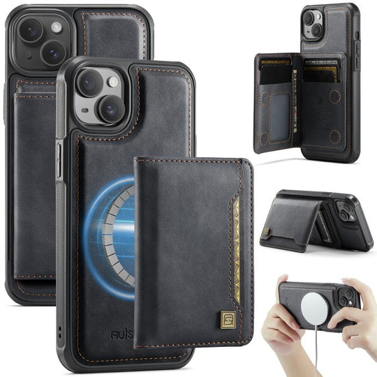 For iPhone 13 AutSpace A13 MagSafe Magnetic RFID Flip Card Bag Phone Case(Black)