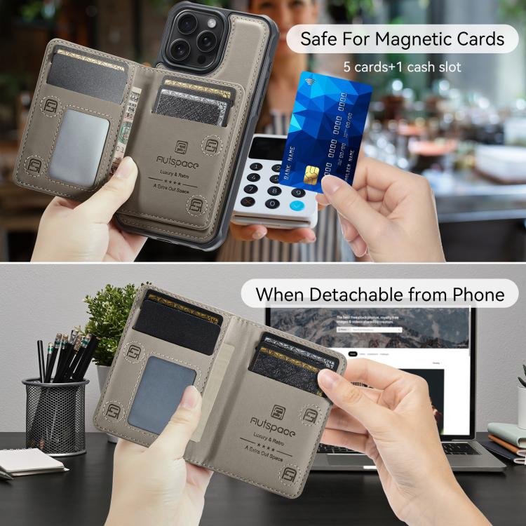 For iPhone 12 Pro AutSpace A13 MagSafe Magnetic RFID Flip Card Bag Phone Case(Grey) - iPhone 12 / 12 Pro Cases by AutSpace | Online Shopping UK | buy2fix