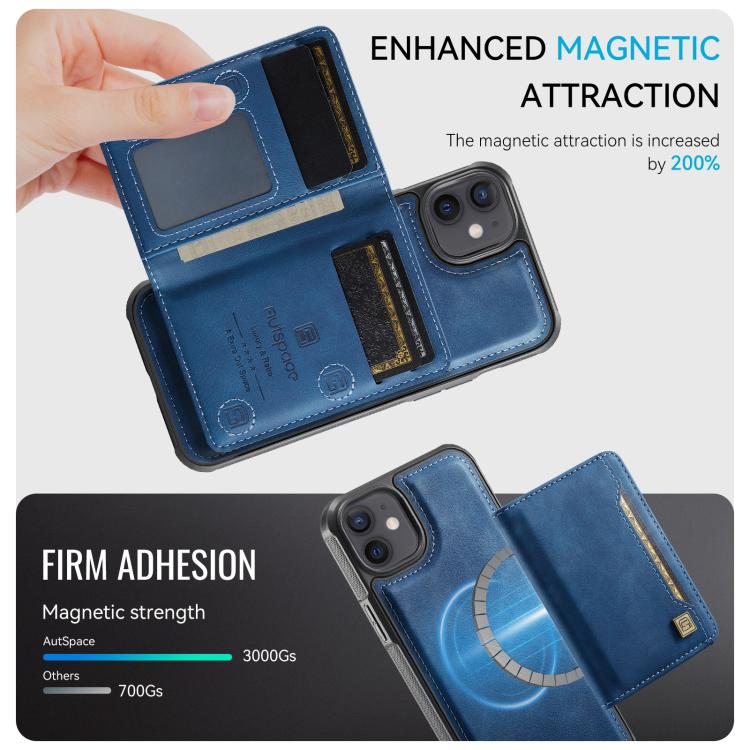 For iPhone 12 AutSpace A13 MagSafe Magnetic RFID Flip Card Bag Phone Case(Blue) - iPhone 12 / 12 Pro Cases by AutSpace | Online Shopping UK | buy2fix