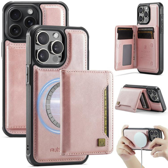 For iPhone 12 Pro Max AutSpace A13 MagSafe Magnetic RFID Flip Card Bag Phone Case(Rose Gold)