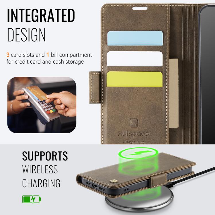For iPhone 16e AutSpace A11 Side Buckle MagSafe Magnetic RFID Phone Leather Case(Coffee) - iPhone 16e Cases by AutSpace | Online Shopping UK | buy2fix