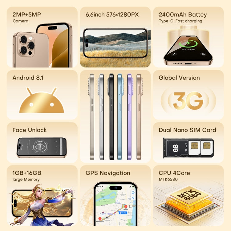 U218 / i16 Pro Max, 1GB+16GB, 6.6 inch Android 8.1 MTK6580A Quad Core, OTG, Network: 3G, Dual SIM, Plug:EU Plug(Desert Gold) -  by buy2fix | Online Shopping UK | buy2fix