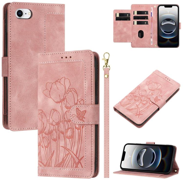 For iPhone 16e Tulips Embossed Leather Phone Case with Lanyard(Pink) - iPhone 16e Cases by buy2fix | Online Shopping UK | buy2fix