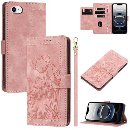 For iPhone 16e Tulips Embossed Leather Phone Case with Lanyard(Pink) - iPhone 16e Cases by buy2fix | Online Shopping UK | buy2fix