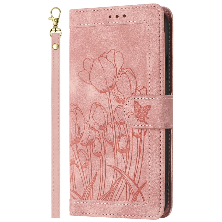 For iPhone 16e Tulips Embossed Leather Phone Case with Lanyard(Pink) - iPhone 16e Cases by buy2fix | Online Shopping UK | buy2fix