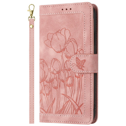 For iPhone 16e Tulips Embossed Leather Phone Case with Lanyard(Pink) - iPhone 16e Cases by buy2fix | Online Shopping UK | buy2fix