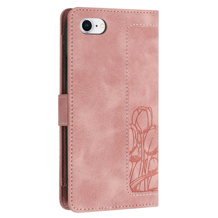 For iPhone 16e Tulips Embossed Leather Phone Case with Lanyard(Pink) - iPhone 16e Cases by buy2fix | Online Shopping UK | buy2fix
